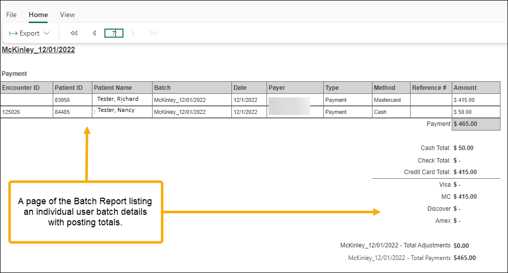 A page of the Batch Report with a yellow callout stating example page with two arrows pointing toward batch details and report totals.